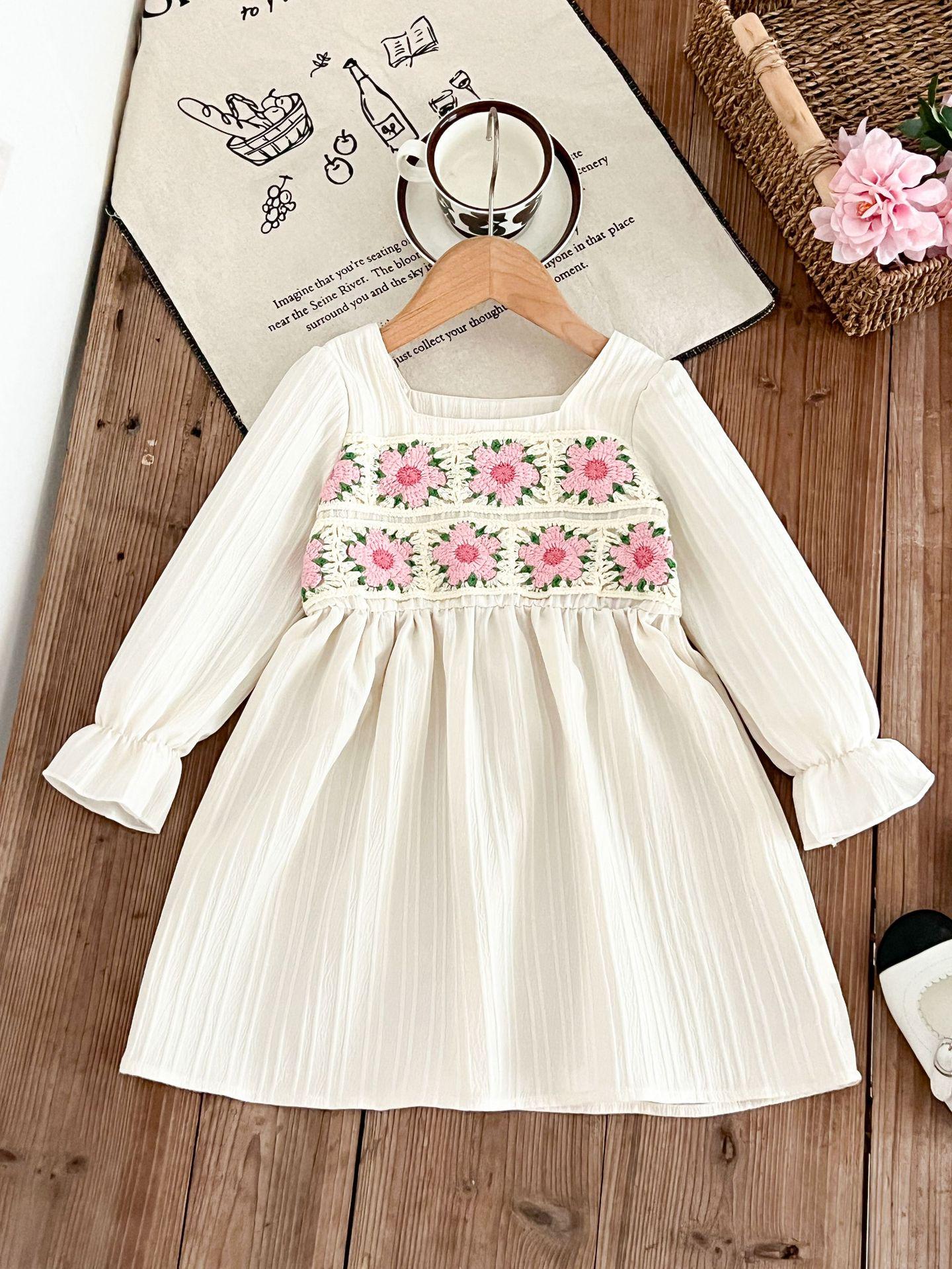 European American Children s Floral Embroidered Square Neck Puff Sleeve Dress 4Y/110 абрикосовый