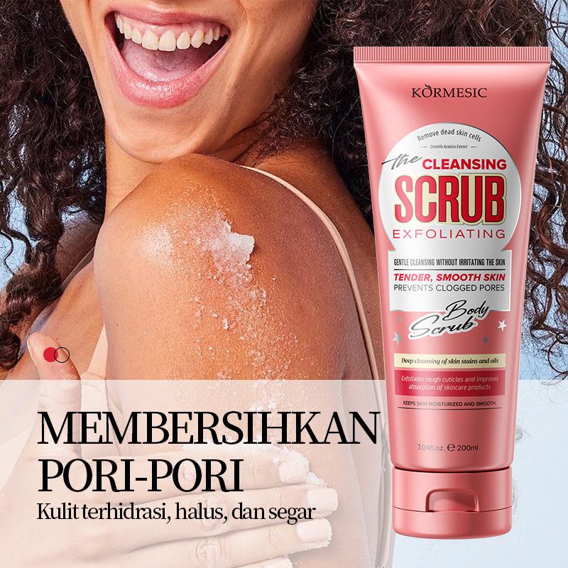 Exfoliating body scrub, deep cleansing, easy to rinse off, no residue.