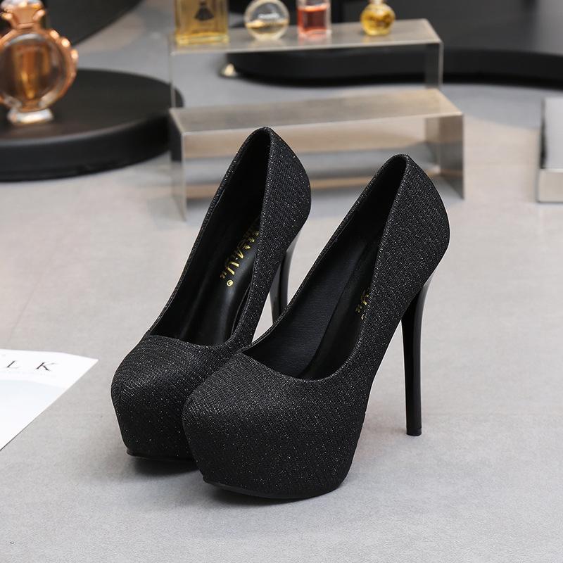 Autumn Round Head Waterproof Inner Height Increase Heel Women's Shoes Super High Heel Fine Heel Gold Powder Shiny and Sexy