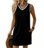 2026 European Retro V-Neck Sleeveless Contrast Piping T-Shirt Dress for Women