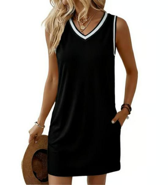 

2026 European Retro V-Neck Sleeveless Contrast Piping T-Shirt Dress for Women M чорний