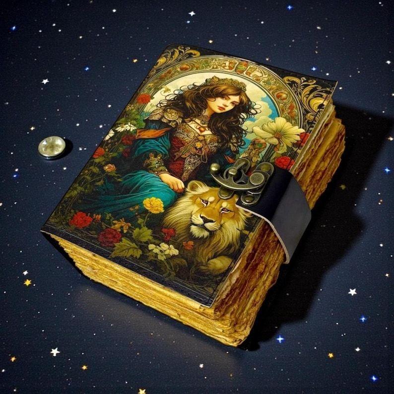 Lion & Girl Leather Grimoire: 200-Page Handmade Book of Shadows
