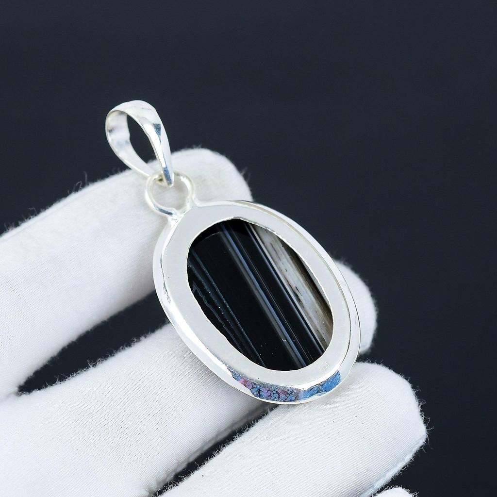 Black Banded Agate Gemstone Pendant, Natural Black Banded Agate Gemstone Handmade 925 Sterling Silver Pendant For Women Pendant For Gifts