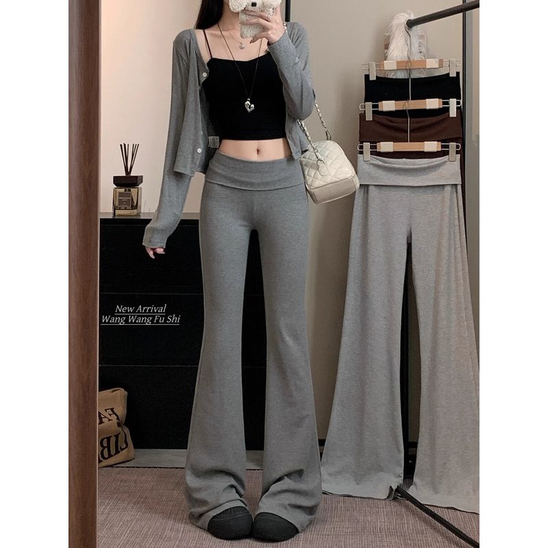 Kumikumi Stylish Pure Color Stretch Draped Casual Pants Women's Clothing Autumn Slimming Easiest for Match Bootcut Trousers Mop Pants