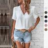 Summer V-neck Lace Shirt Women Solid Color Sweet Short Sleeve Tops Female Casual Simple Office Basic Loose Blouse Jacquard Fashion Elegant Clothing