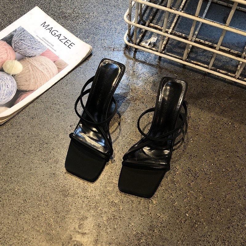 Square Head Open-toed Simple Word Diagonal Belt Temperament High-heeled Sandals Girl Wearing Fashion Fairy Thin Heel Half Slippers