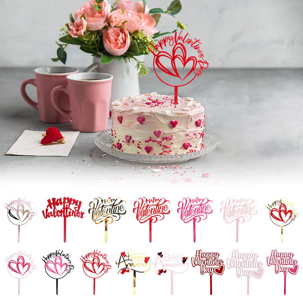 5PCS Acrylic Cake Topper Happy Valentine's Day Cupcake Topper for Wedding Party Cake Decorations Love Heart Dessert Decoration
