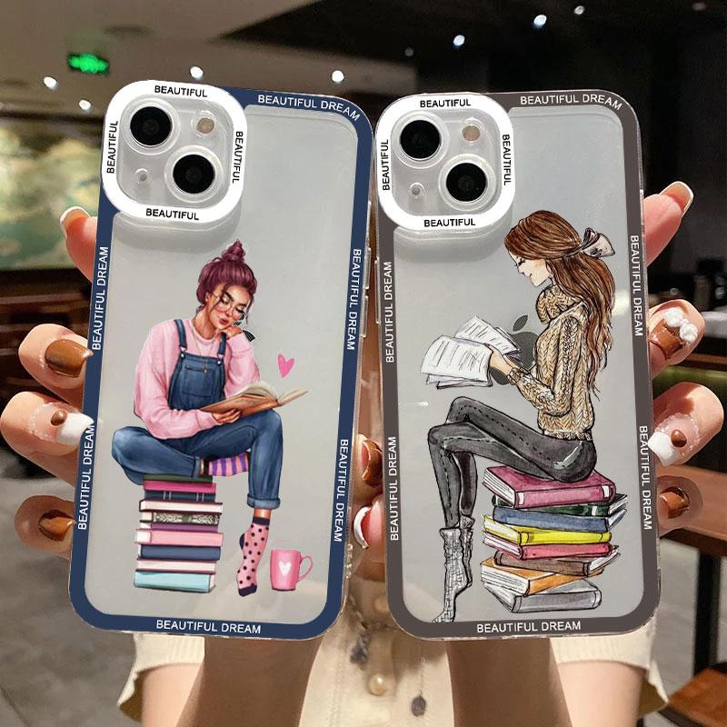 Read Book And Coffee Girl Clear Phone Case Cute Cover for iphone 13 14 12 11 Pro Max 7 8 Plus SE2 X XS XR Transparent Back Cover