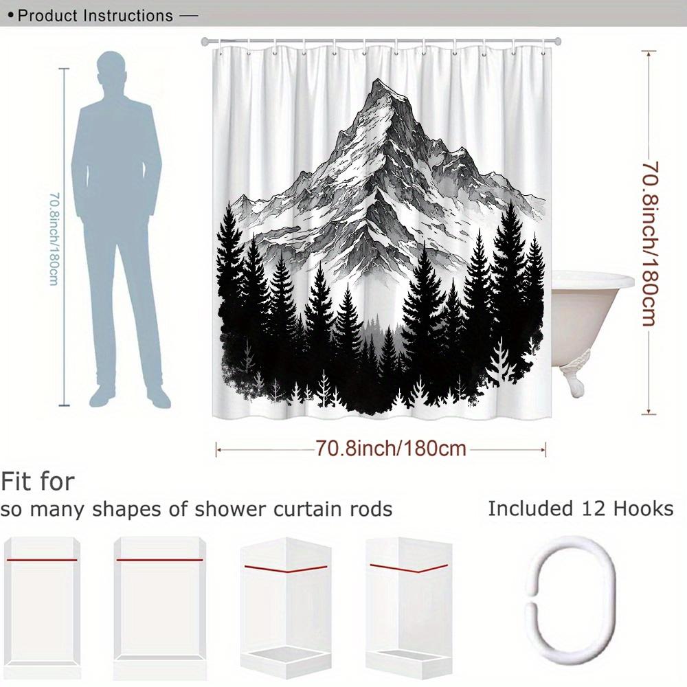 Black White Mountain Shower Curtain Pine Forest Snowy Peak, Minimalist Ink Art Bath Curtain For Modern Bathroom And Home Decor