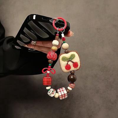 Original Wool Felt Plush Beaded Hand Chain Wrist Short Lanyard Phone Case Car Keychain Bag Pendant Trendy