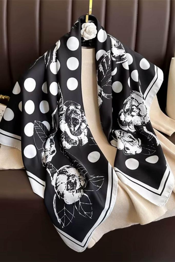 Scarf 90x90 Black with White Polka Dots and Flowers - Classic Elegance with a Retro Touch