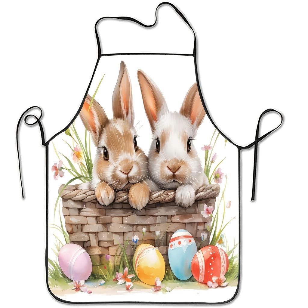 1pc Easter Holiday Apron, Two Rabbits and Easter Eggs Decorative Pattern Printed Fabric, Durable and Comfortable Sleeveless Apron for Women and Men, D