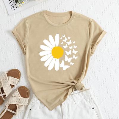 Summer Women's Daisy Butterfly Print Loose Round Neck Casual Pure Cotton Short Sleeved T-shirts Women's