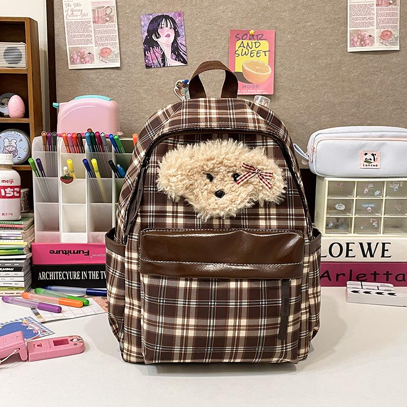 Schoolbag Vintage College Style Plaid Puppy School Bag ins Versatile Girls High Value College Students Class Backpack Backpack