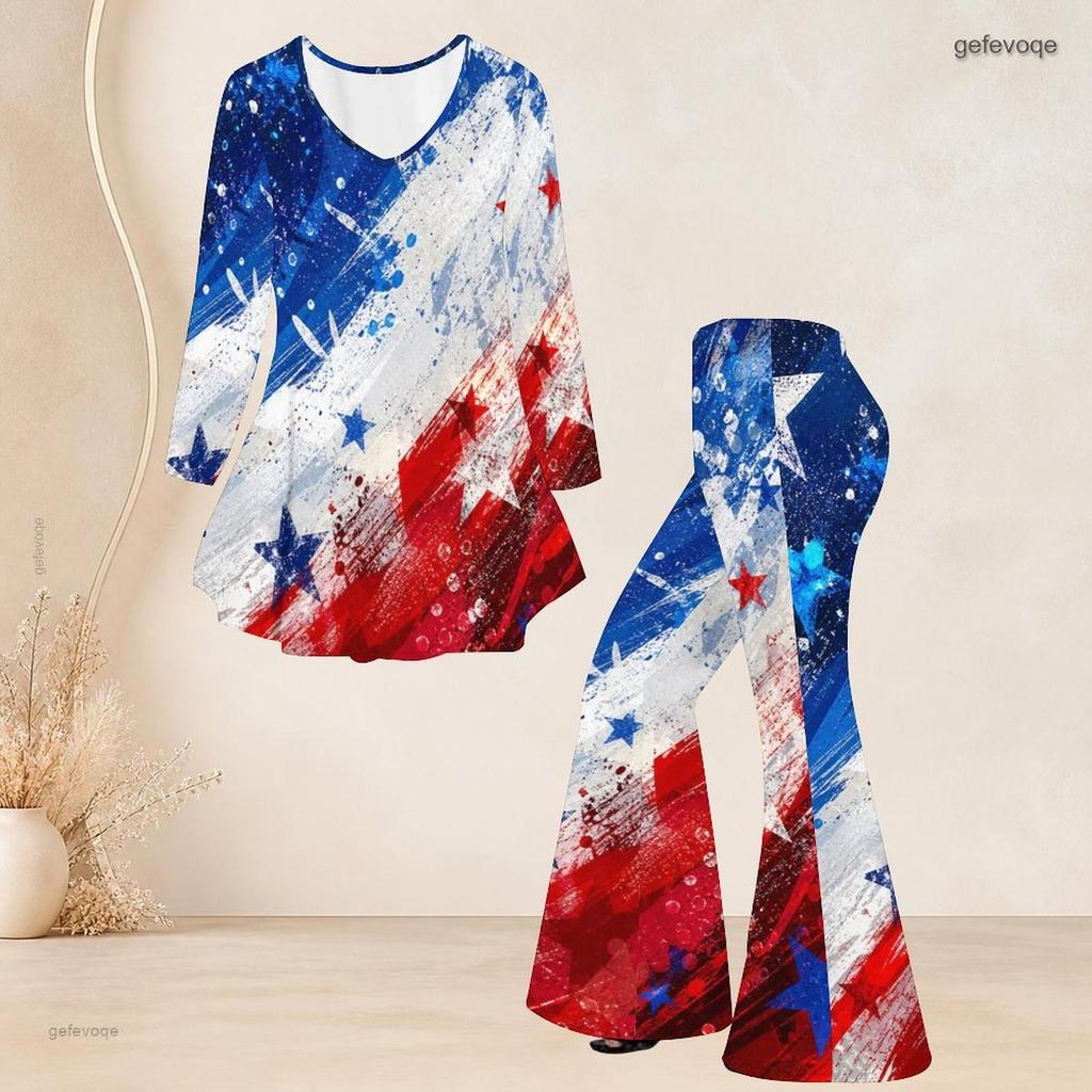 Women Plus Size Two Piece Set V Neck Long Sleeve Star Printed Flared Top And Flared Pants White Red Blue
