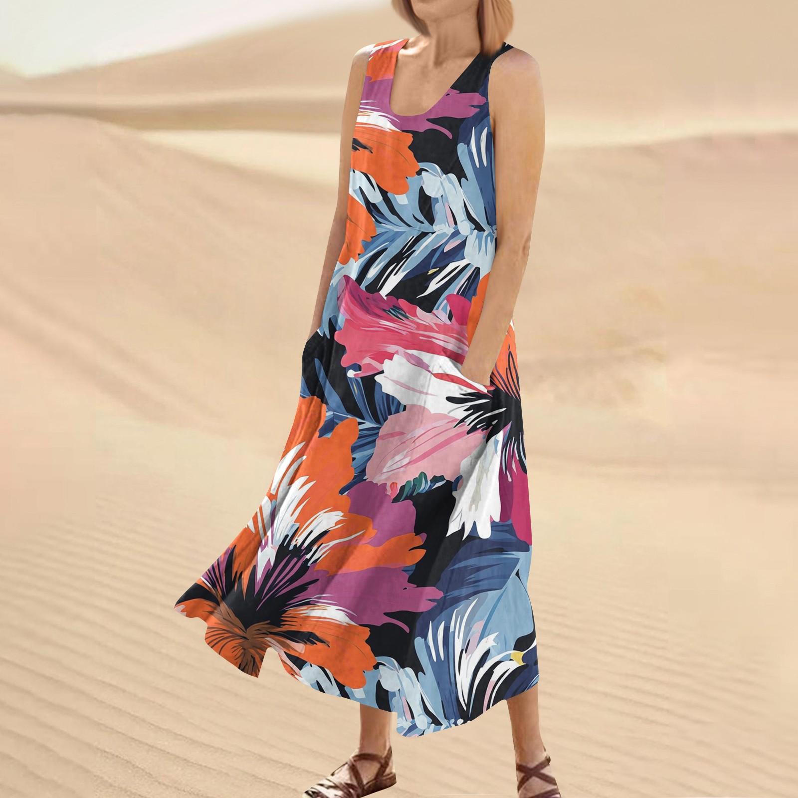 

Женское летнее повседневное модное платье без рукавов с круглым вырезом и карманом с цветочным принтом XL киноварь