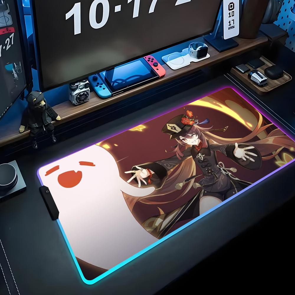 hu tao Mouse Pad RGB Gaming Mousepad Big LED Pad PC Desk Mat Luminous Mouse Pad Large Keyboard Mats Table Rug With Backlit