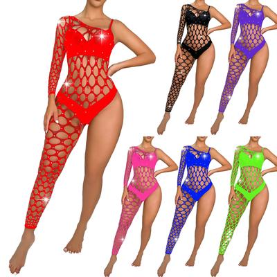 Womens Rhinestone Hollow-Out Jumpsuit Single Sleeve Bodysuit Sparkling One-Piece Lingerie Valentines Nightwear