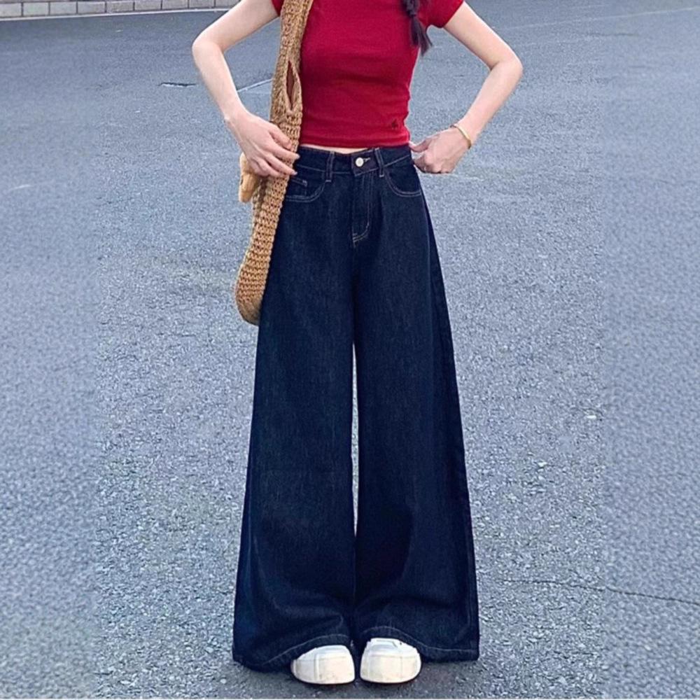 Women's Deep Blue Wide-Leg Jeans - Summer Thin, Petite, Loose, Slimming, Floor-Length Straight Leg Pants