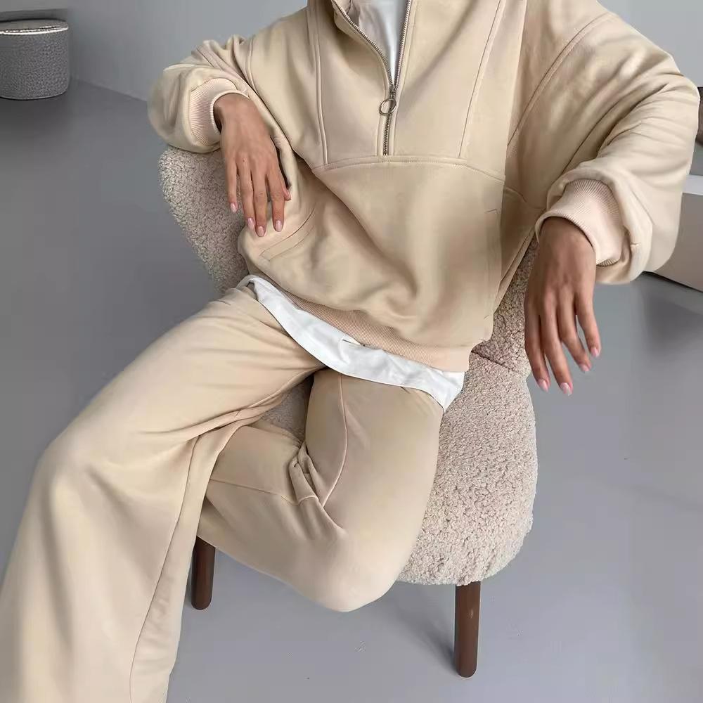 Women's Cotton Zip-Up Hoodie Set Casual Oversized Sweatshirt and Sweatpants Two Piece Tracksuit INS Style