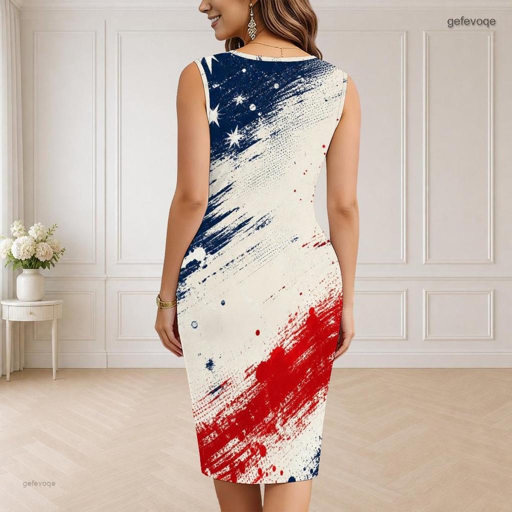 Women Plus Size V Neck Sleeveless Dark Blue Printed Bodycon Midi Dress