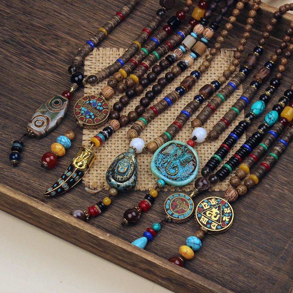 Originální etnický retro dlouhý řetízek na svetr, Nepálské vintage doplňky, Tibetský styl, Literární a univerzální náhrdelník pro muže a ženy