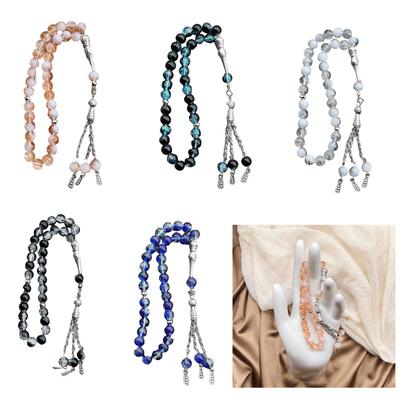 Muslim Prayer Beads 33 Tasbih Ice Cracked Glass Rosary with Fringed Pendant Ethnic Islamic Bracelet for Daily Worship