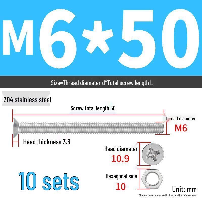 304 Stainless Steel Extra Long Phillips Flat Head Screws and Nuts Set (2M, 3M, 4M)