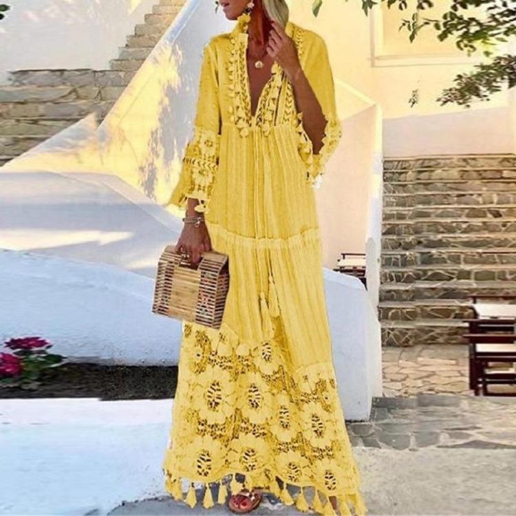 

Elegant Bohemian New Long Lace Tassel Splicing Summer Spring Beach Vacation Fashion Dress 5XL жовтий