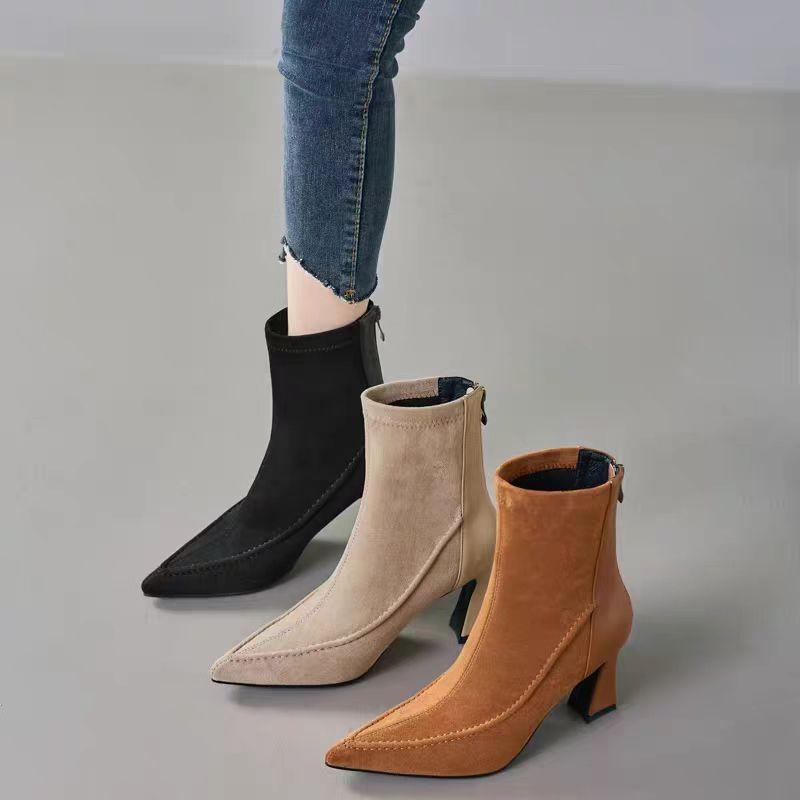 2024 High Quality Women's Shoes Ankle Women's Boots Fashion Back Zipper Solid Office and Career Sexy Pointed Toe Shoes for Women