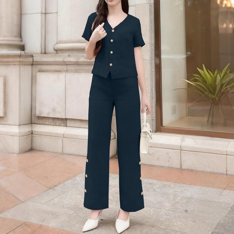 ZANZEA Women Short Sleeve Blouse and Pants Summer Two Piece Suit Sets