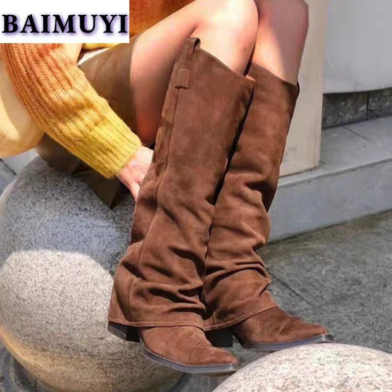Women Pointed Toe High Boots Luxury Party Heels Shoes Woman Winter Suede Snow Boots 2025 Trend Chunky Plush Chelsea Botas Mujer