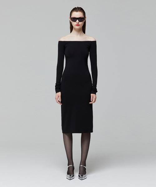 LADY VOLUME Off Shoulder Line Dress_Black