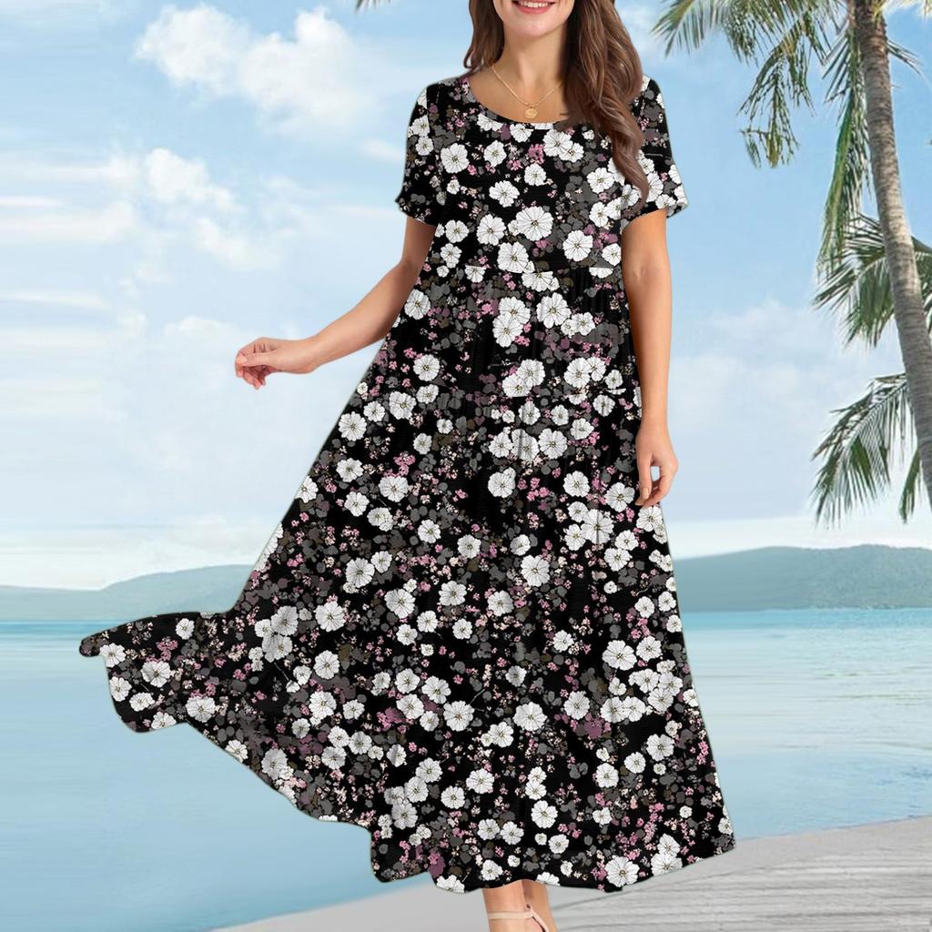 Damen Lässiges Lockeres Böhmisches Kleid mit Blumenmuster und Kurzen Ärmeln