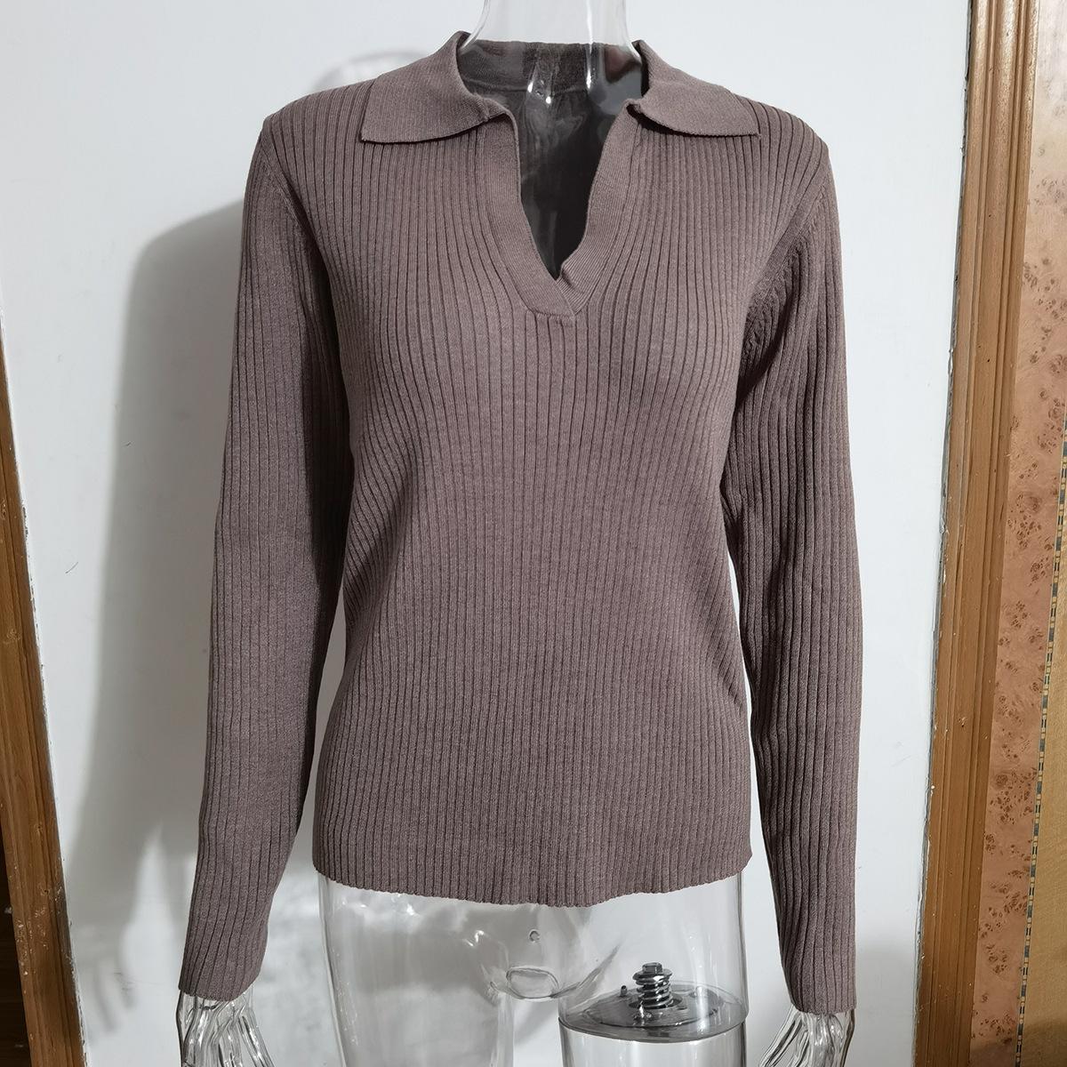 

GMXIA Женский вязаный джемпер с воротником-поло, осенне-зимний темпераментный джемпер в тонкую полоску для поездок на работу, пуловер-джемпер L кофейный