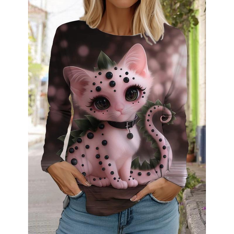 Autumn and Winter Women's Long Sleeve 3D Printed Kitten Cute Print T-Shirt Women's Streetwear Round Neck Long Sleeve