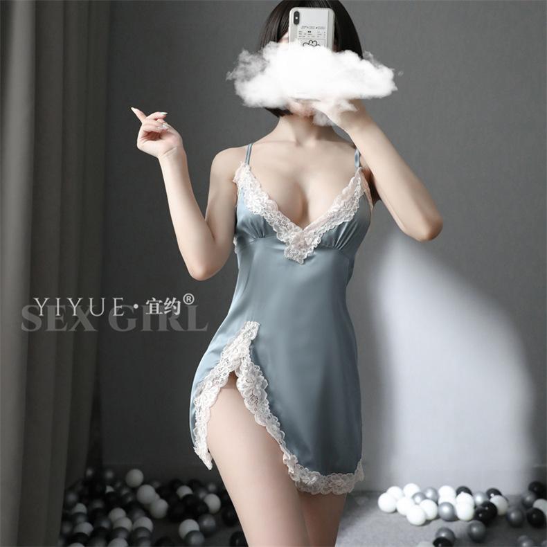 Yiyue's New Sleeping Dress for Women, Deep V Lace Halter Sleeping Dress, Sexy and Interesting Lingerie, Backless Pajamas 8130