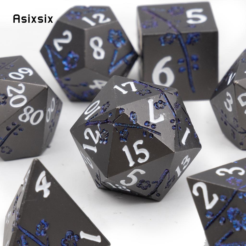7 Pcs Black Flower Metal Dice Solid Metal Polyhedral Dice Set Suitable for Role-Playing RPG Board Game Card Game