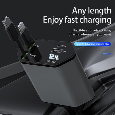 120W Car Charger PD Quick Charger With 2 Retractable Cables Type C Fast Car Charger For IPhone Huawei Samsung