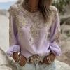 Women Tops Round Neck Long Sleeve 3D Digital Flower Printing Tee Shirt Retro