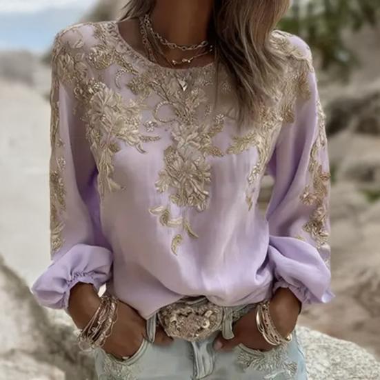 Women Tops Round Neck Long Sleeve 3D Digital Flower Printing Tee Shirt Retro