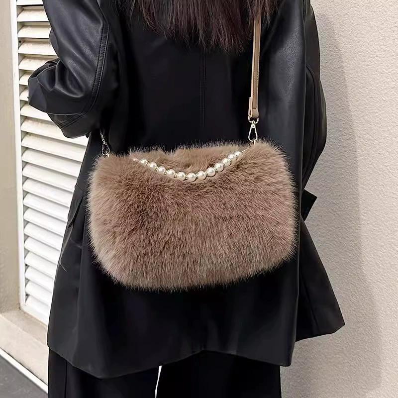 Yogodlns Winter Fashion Women's Faux Fur Shoulder Bags Candy Color Pearl Handle Crossbody Bag Small Fluffy Female Pillow Handbags