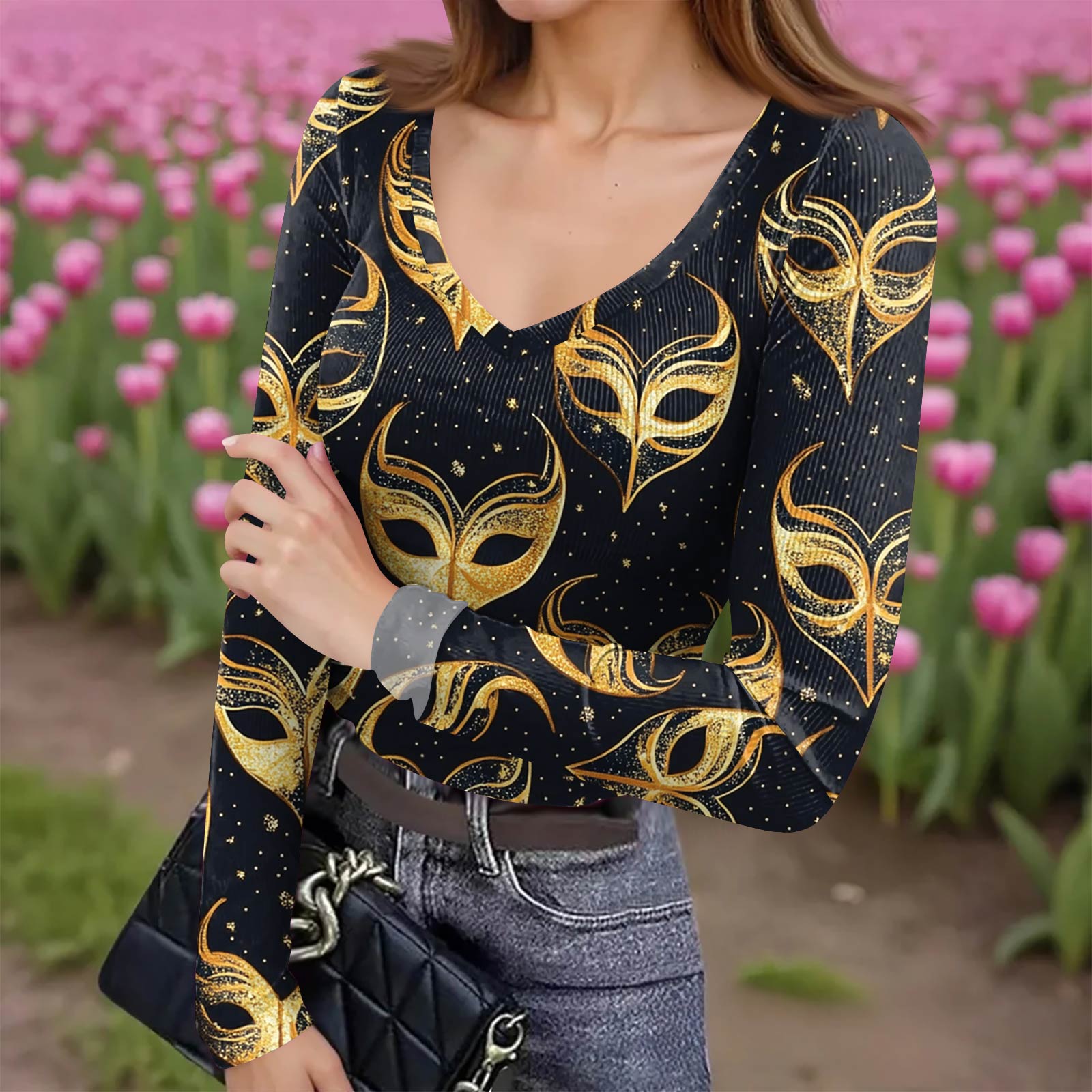 

Женская зимняя приталенная футболка-базовый слой, модный принт, V-образный вырез, пуловер, топ с длинным рукавом XL жёлтый