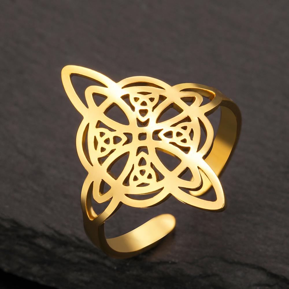 Dawapara Witch Knot Ring for Women Stainless Steel Adjustable Finger Rings Celtics Quaternary Witchcraft Good Luck Amulet