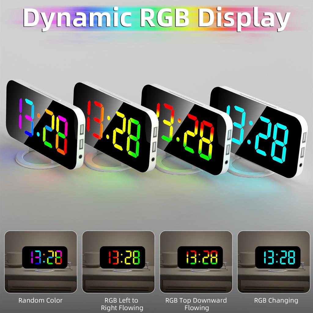 Digital Alarm Clock with Dynamic RGB Light Dimmable Brightness   Snooze Function USB   Port Mirror Clock 12HCelsius24H for Bedroom Home