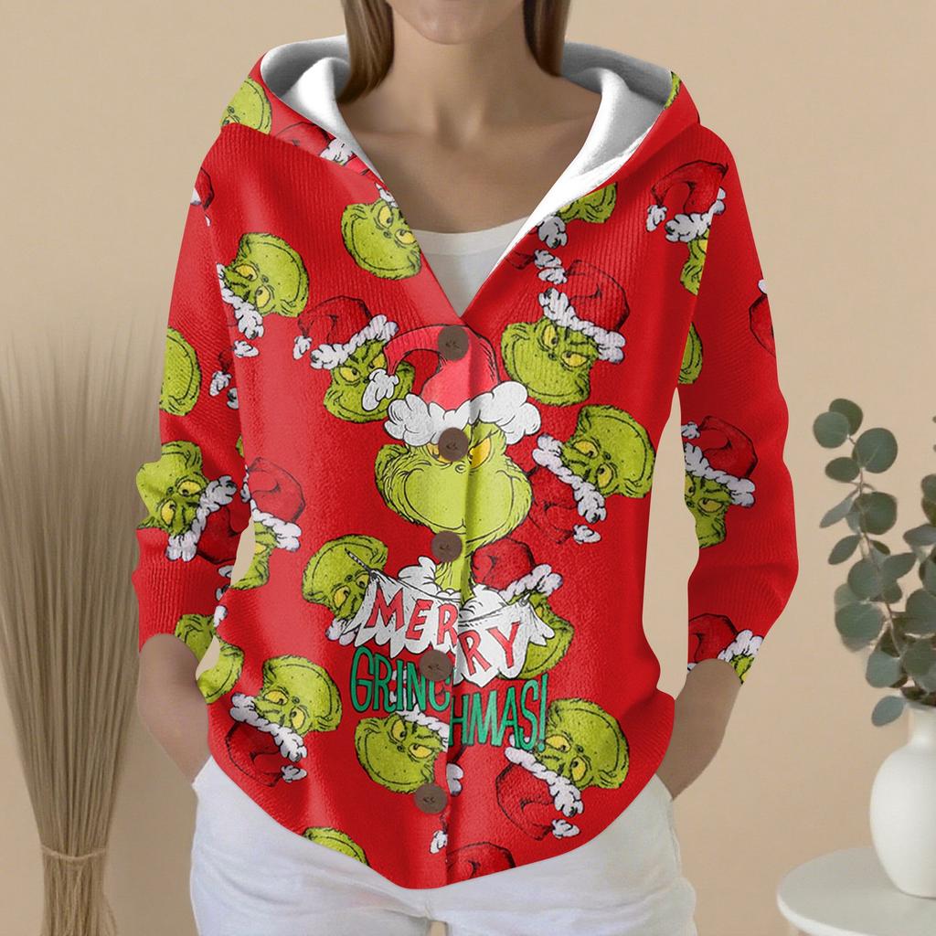 Women's Fashion Casual Sweater Button-Up Print Cardigan  Hooded Jacket