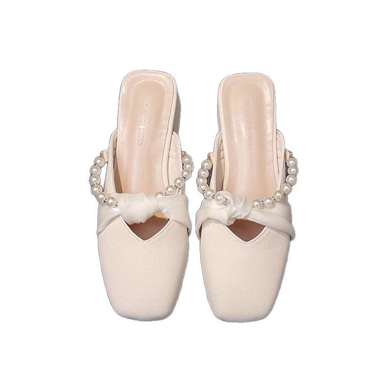 Pearl Bag Head Half Slippers Women's Spring and Summer New High Heels Thick Heel Medium Heel Lazy Outer Wear
