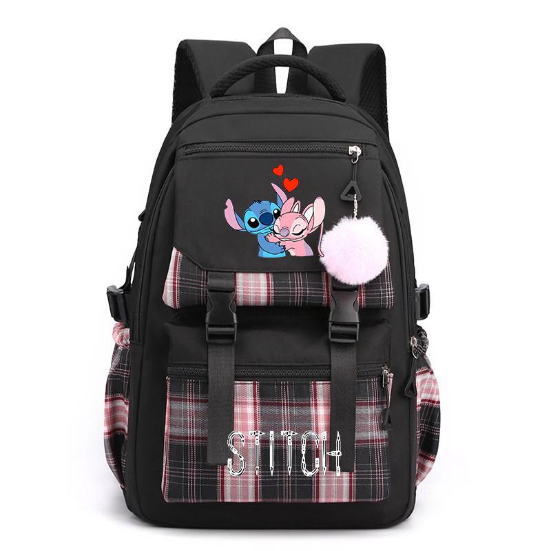 Cute Girl Backpack For School With Stitch Print And Checkered Patchwork Design For Middle School Students