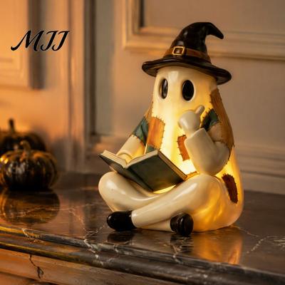 Creative Patchwork Ghost Statue Lighted Vintage Ghost, Reading Book Figurine, Halloween Lamp Decor, Collectibles for Party Cute Fall Night Light Home