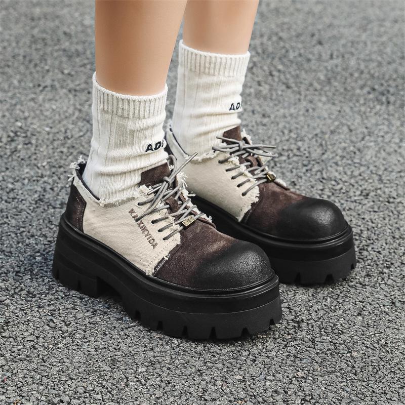 

Премиум черные кожаные туфли-лоферы на платформе с увеличенным голенищем в британском стиле со шнуровкой в корейском стиле, универсальные 30399-E 46